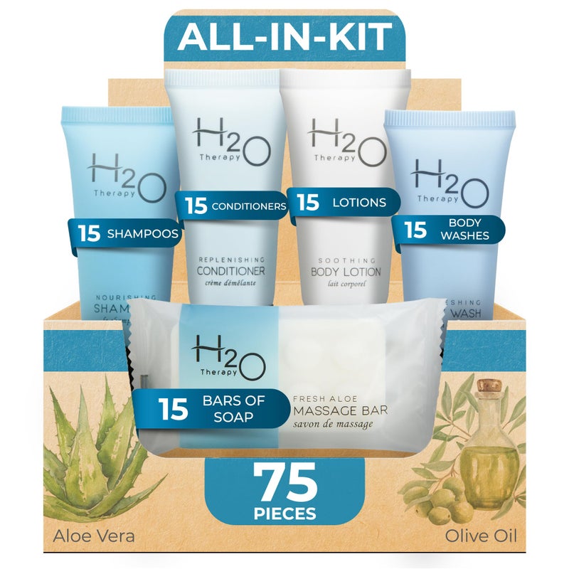 H2O Therapy Hotel Soaps & Toiletries Bulk Set | 1-Shoppe Amenities Kit | 0.85oz Shampoo & Conditioner, Body Wash, Lotion, 1oz Bar Soap | Travel Size | 75 Pieces - Image 1
